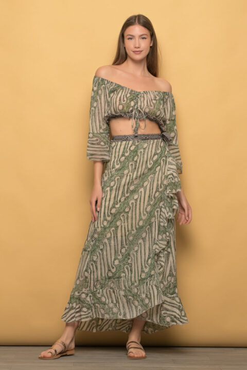 Boho Set long wrap skirt Cotton with indonesian blockprint