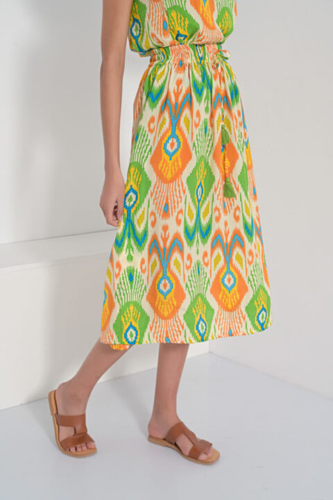 1724 A line skirt saree Orange Ikat