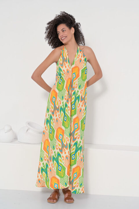 0550 Open back dress long ikat green