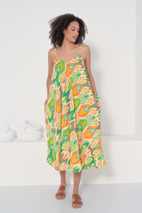 00599 Lotus dress orange ikat