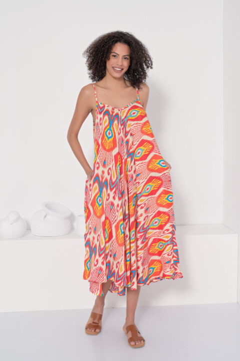 00599 Lotus dress red ikat