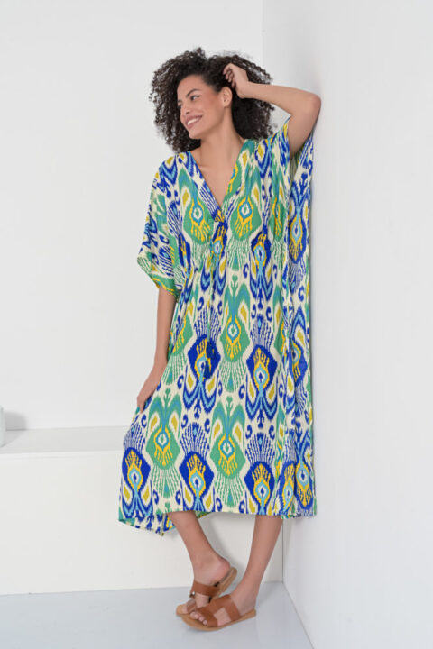 1582 Durga Caftan long ikat blue