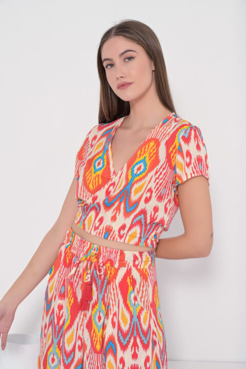 Tie top red ikat short sleeves