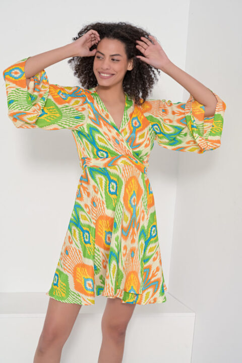 1785 Short Wrap dress long sleeve ikat green