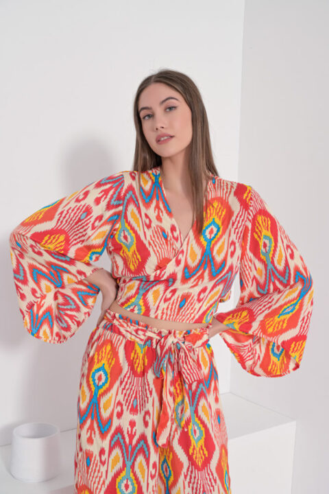 Tie top red ikat cabana sleeves