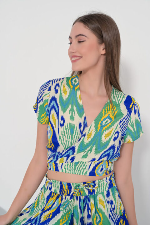 Tie top blue ikat short sleeves