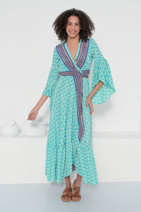 Aphrodite wrap Dress saree silk turquoise leaves