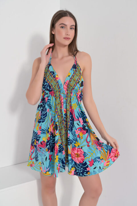 0784 Open back blue short dress with parots