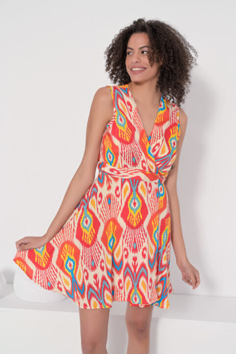 1784 Short Wrap dress sleeveless ikat red