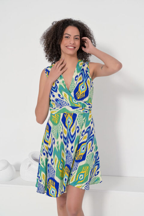 1784 Short Wrap dress sleeveless ikat blue