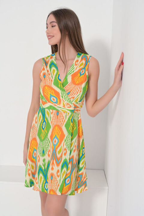 1784 Short Wrap dress sleeveless ikat green