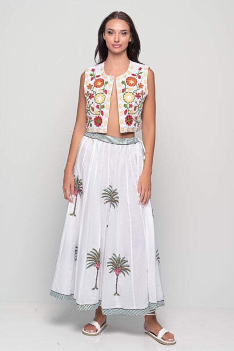 White Maxi Skirt with Hand-Printed Palm tree – 100% Cotton