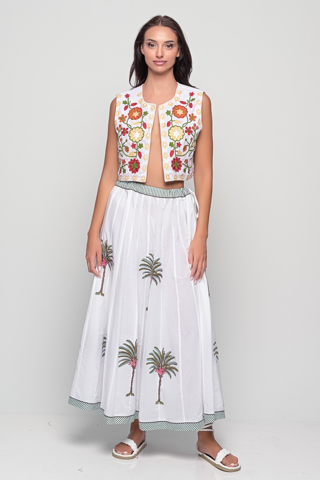 White Maxi Skirt with Hand-Printed Palm tree – 100% Cotton