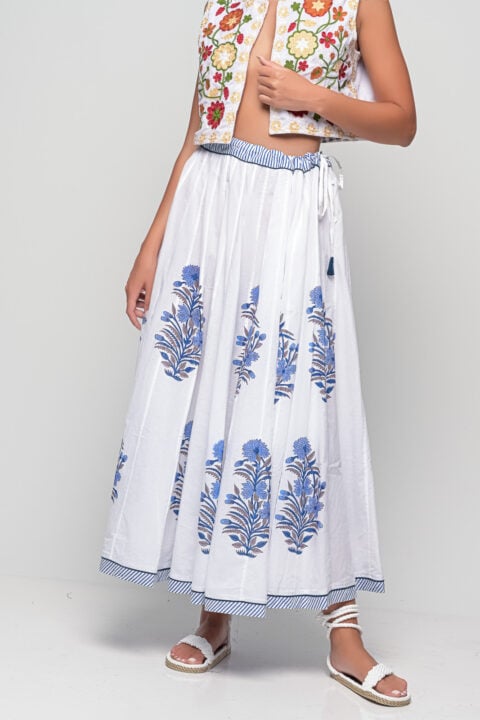 White Maxi Skirt with Hand-Printed Blue Flowers – 100% Cotton
