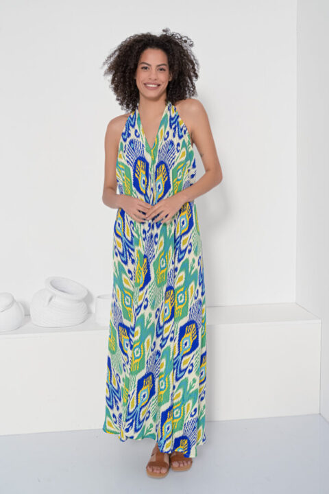 0550 Open back dress long ikat blue lightweight