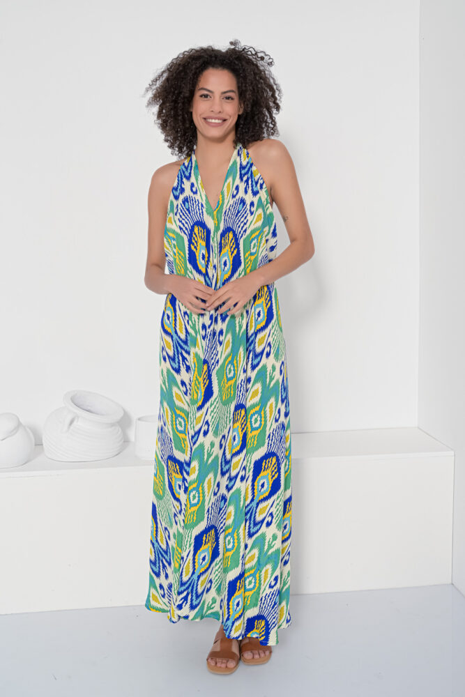 0550 Open back dress long ikat blue lightweight