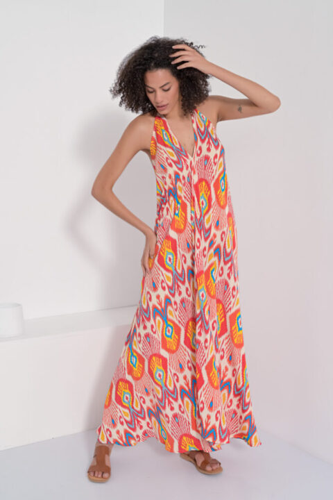 0550 Open back dress long ikat red