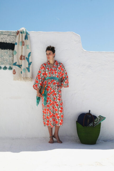 Long Kantha Kimono Jacket orange flower