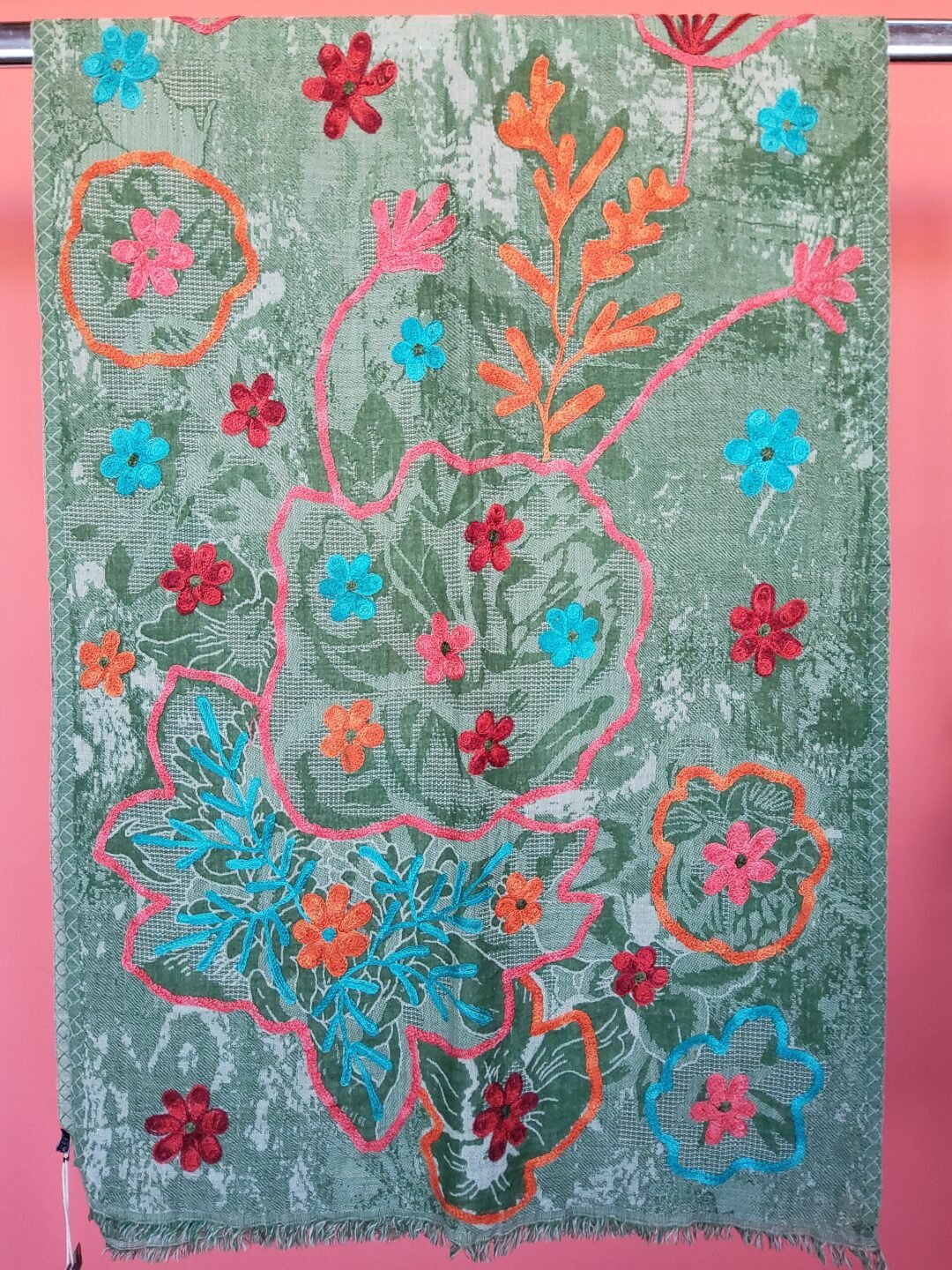 A very soft woolen shawl with handmade embroidery