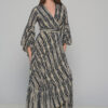 A classy long dress in boho-chic style that will make you stand out with your flair and elegance. Its stunning color, high-neck cut and peacock pattern will make it a statement piece in your wardrobe and will fit in any occasion this summer.