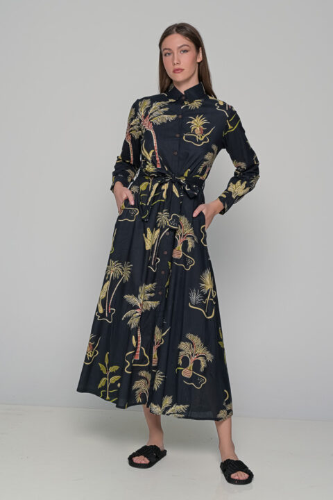 Feel free and totally cool in your soft feminine energy with the shirt button dress banana black.