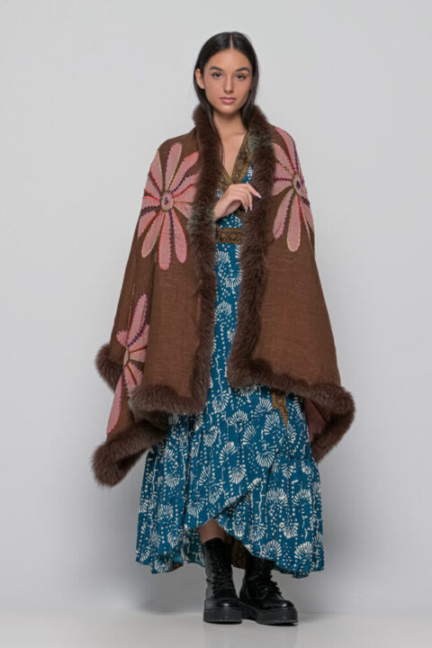 Boiled Wool shawl with handmade embroidery and fur