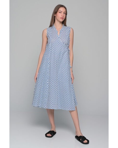 Athena wrap dress cotton blue geometrical