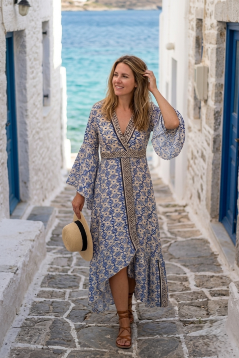 Aphrodite wrap Dress blue geometrical