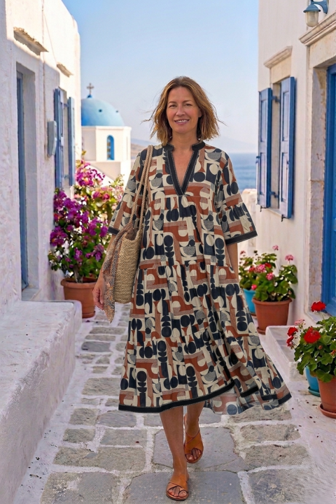 Kythira Apollo Print Cotton Maxi Kaftan Dress in Brown – Flowy Boho Digital Print