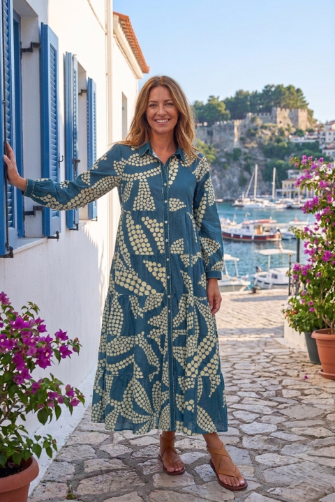 Ikaria Leaf Print Cotton Maxi Shirt Dress in Blue – Long Sleeves & Button Down