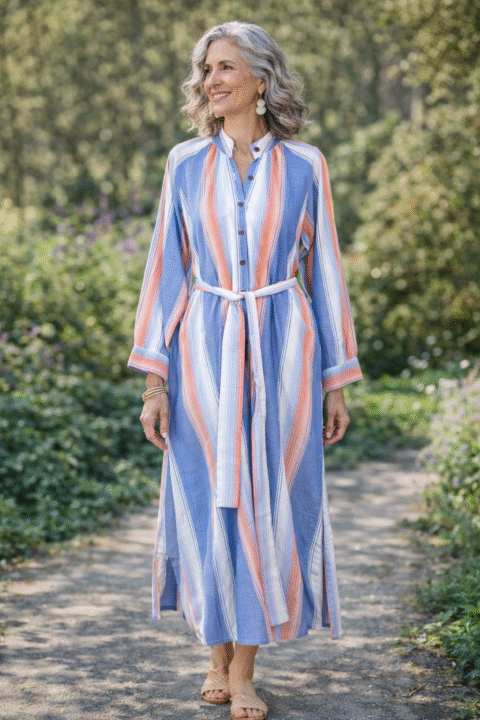 Φόρεμα με κουμπιά Δήλος μπλε ριγέ