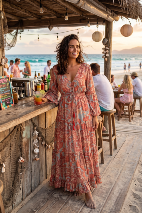 1727 Maya dress long paisley pink
