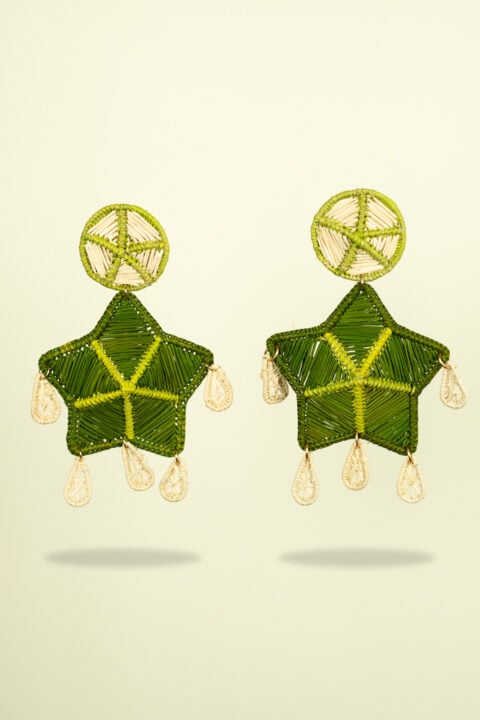 Boho chic handmade earrings crafted from Iraca palm leaves, star‑shaped resortwear accessory for women