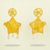 Boho chic Iraca palm leaf earrings in sunny yellow, sustainable handmade accessories for resortwear looks.