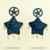 Lightweight handmade Iraca leaf earrings in deep blue, boho statement jewelry for summer and beach getaways.