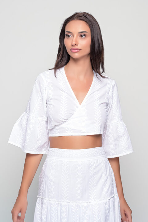 Women’s white embroidered cotton tie top with wrap V-neck, flared sleeves, and cropped design – summer boho blouse.