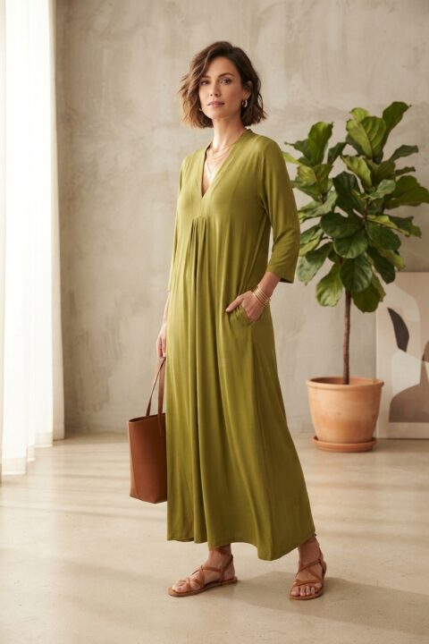 Marsha Long Dress in Cotton Silk-OLIVE GREEN