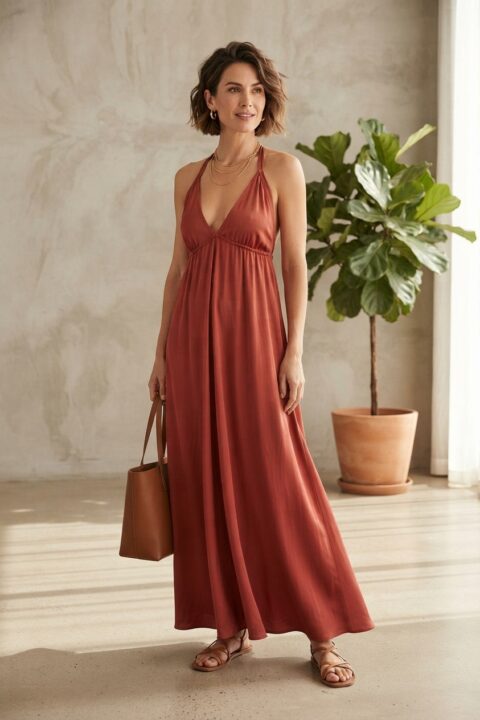 Long Beach Dress with Open Back – Cotton Silk Cinnamon (Free Size)