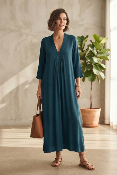 Marsha Long Dress in Cotton Silk-Petrol
