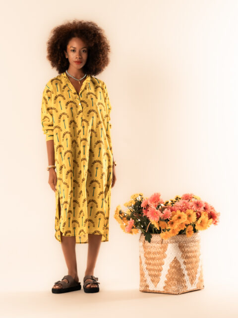 Tulsi shirt dress cotton palm print yellow
