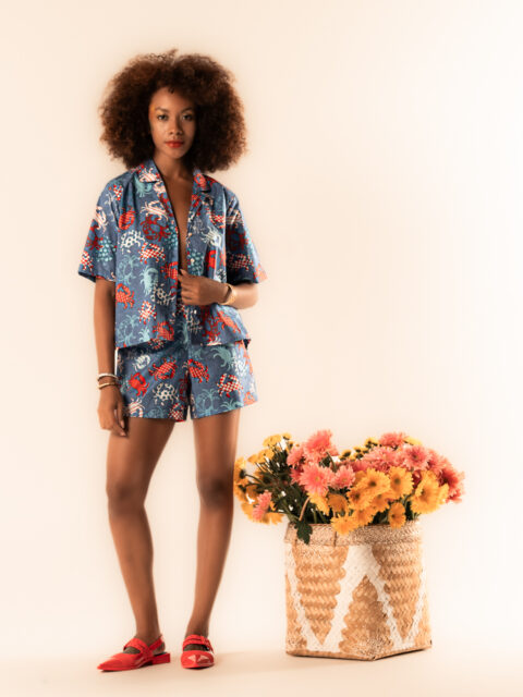 Amazon free-size cotton short set in Crab Blue print with relaxed short-sleeve shirt and matching shorts