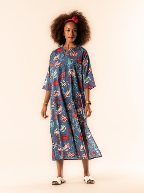 Titli Caftan – Crab Print Blue Cotton