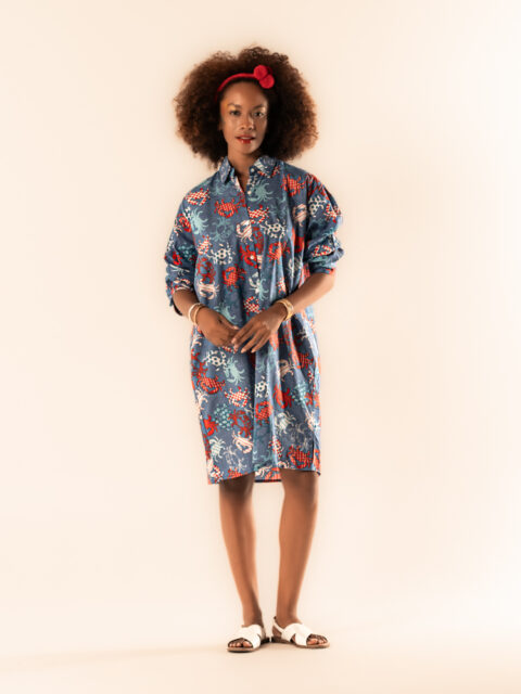 Oversized Shirt Dress Cotton with Crab blue print