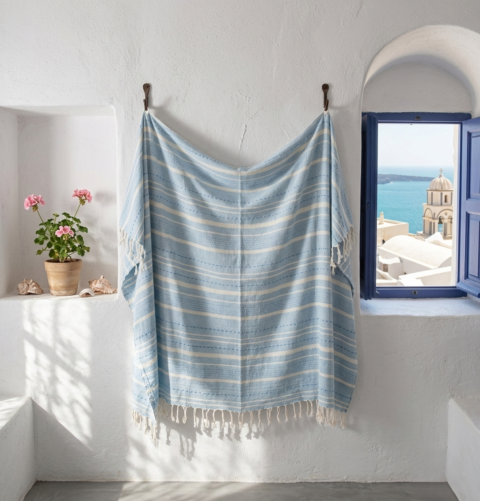 Soft Cotton throw double gauz stripes blue