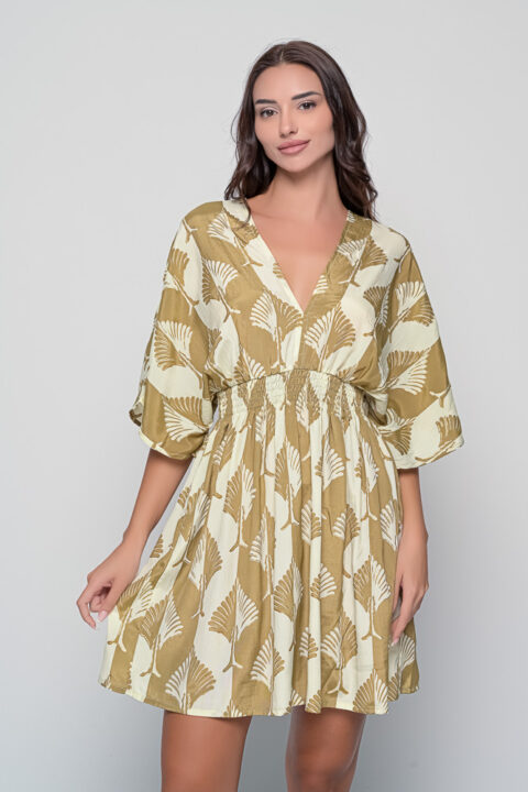 Ayu Short Dress in beige Tree print saree silk with elastic waist