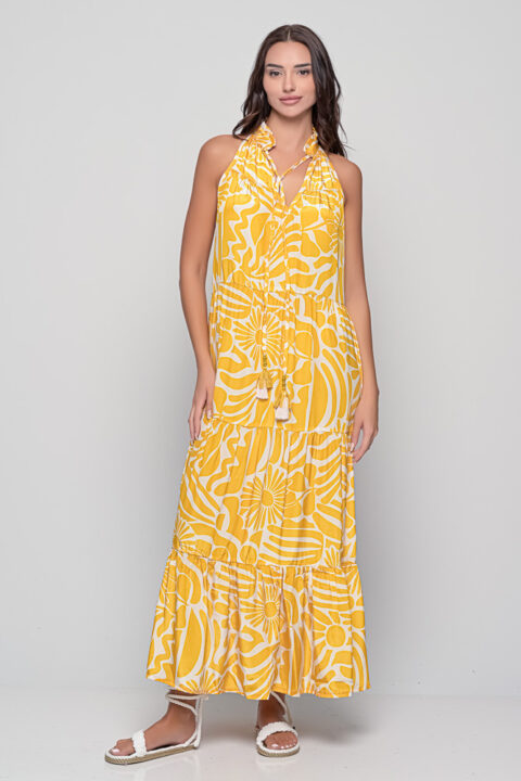Samos Dress in yellow Margaret print maxi style