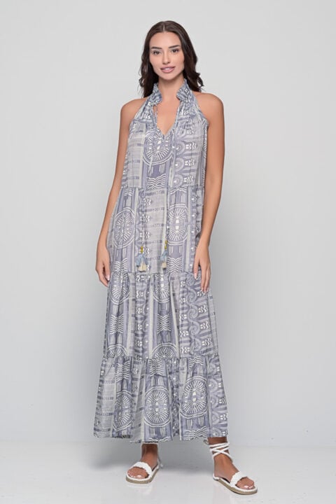 Samos Dress in grey Sueño print maxi style