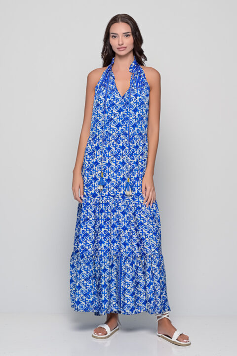 Samos Dress in blue Tuareg print maxi style