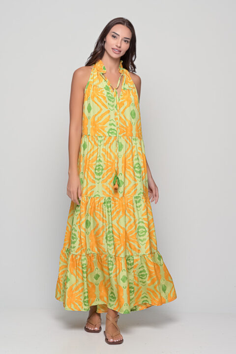Samos Dress in green Seaweed print maxi style
