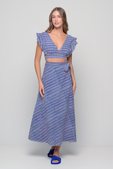 Anokhi Set in blue Flag print with crop top and wrap maxi skirt